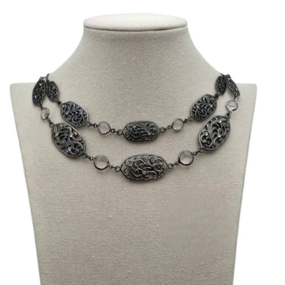 Scrollwork Filigree Necklace Crystal Dark Silver Layered Romantic Elegance